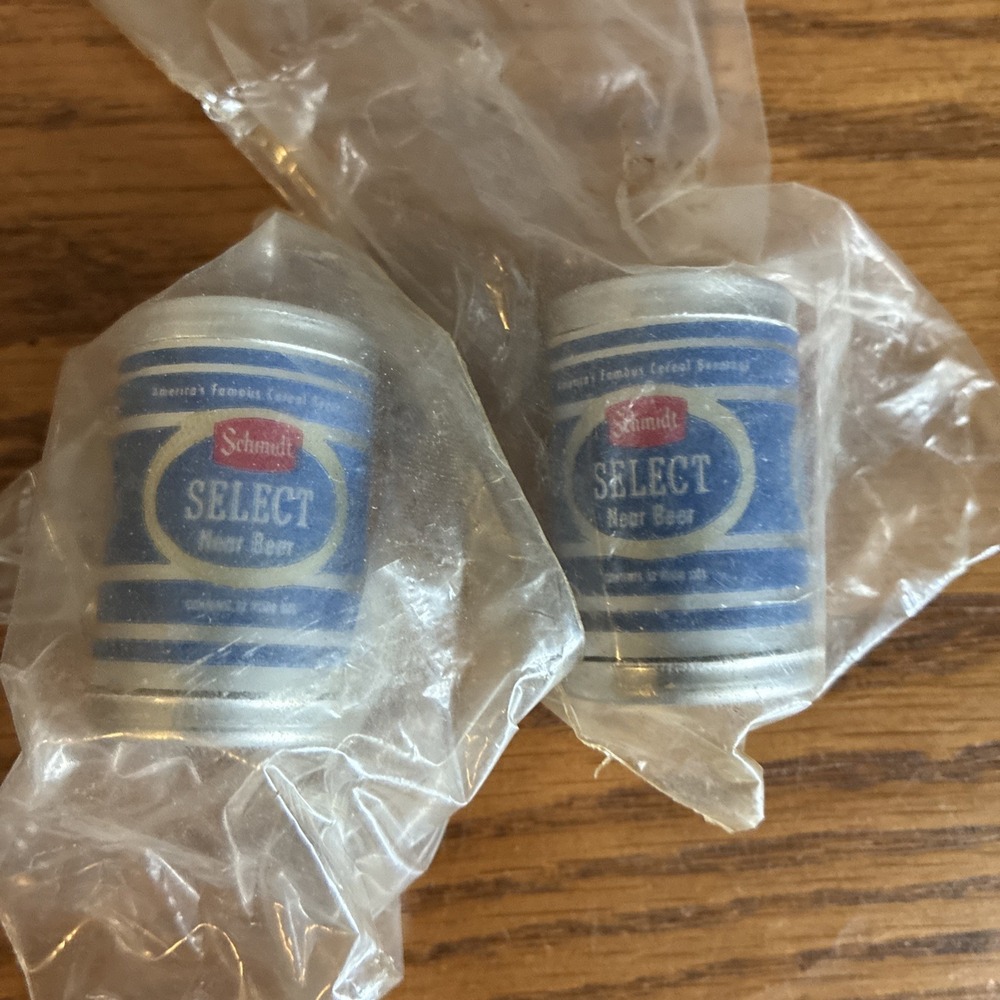 Vintage Mini Beer Can Salt & Pepper Shaker Set Schmidt Select NearBeer  NOS Rare